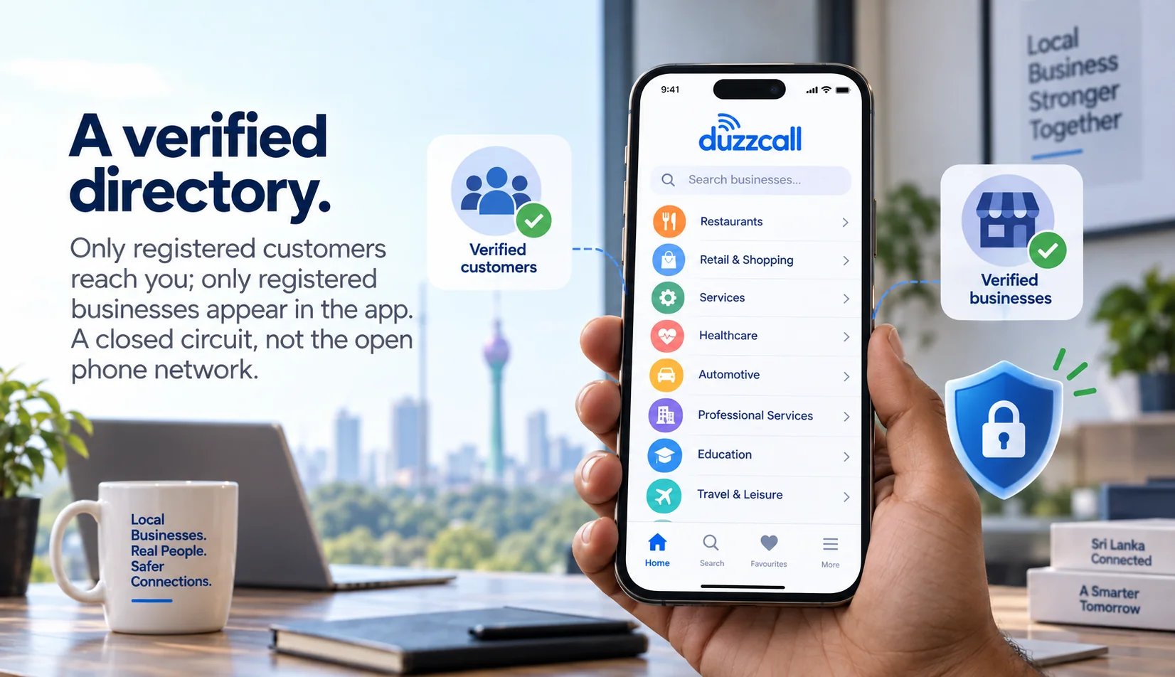 A verified directory — only registered customers reach you; only registered businesses appear in the app. A closed circuit, not the open phone network.