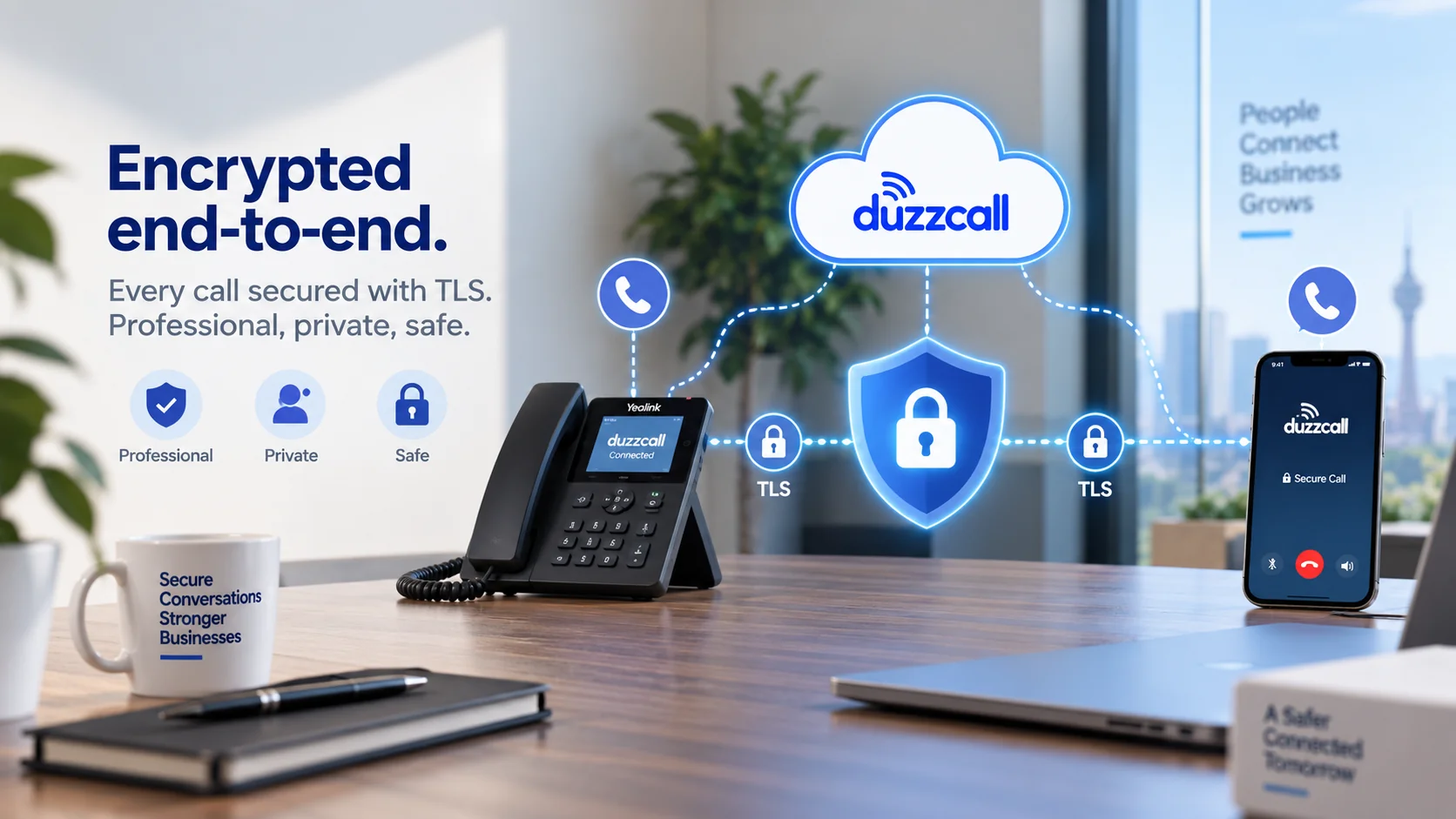 Encrypted end-to-end — every call secured with TLS. Professional, private, safe.