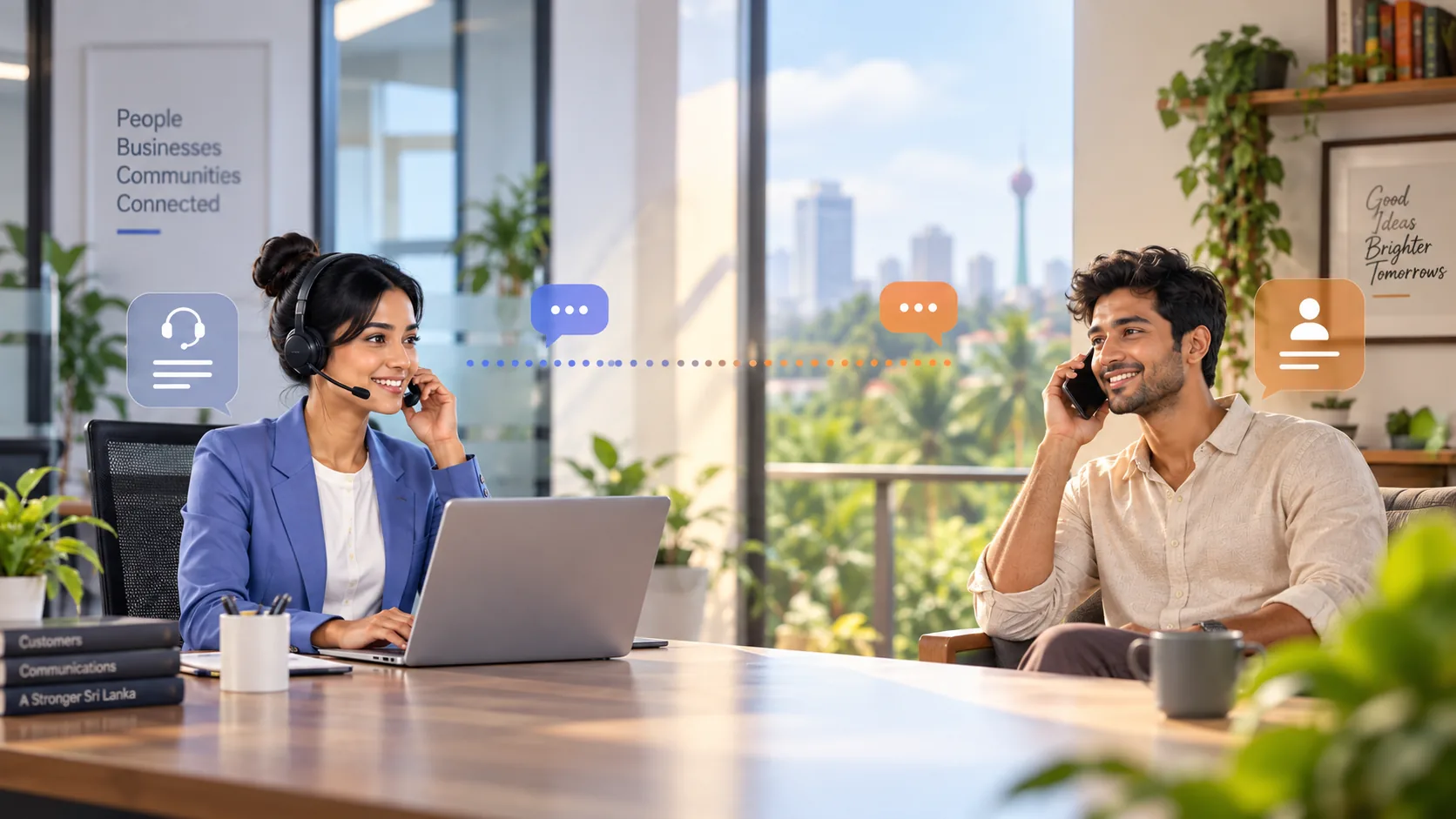 A smiling support agent at her desk and a relaxed customer, talking to each other on the phone.